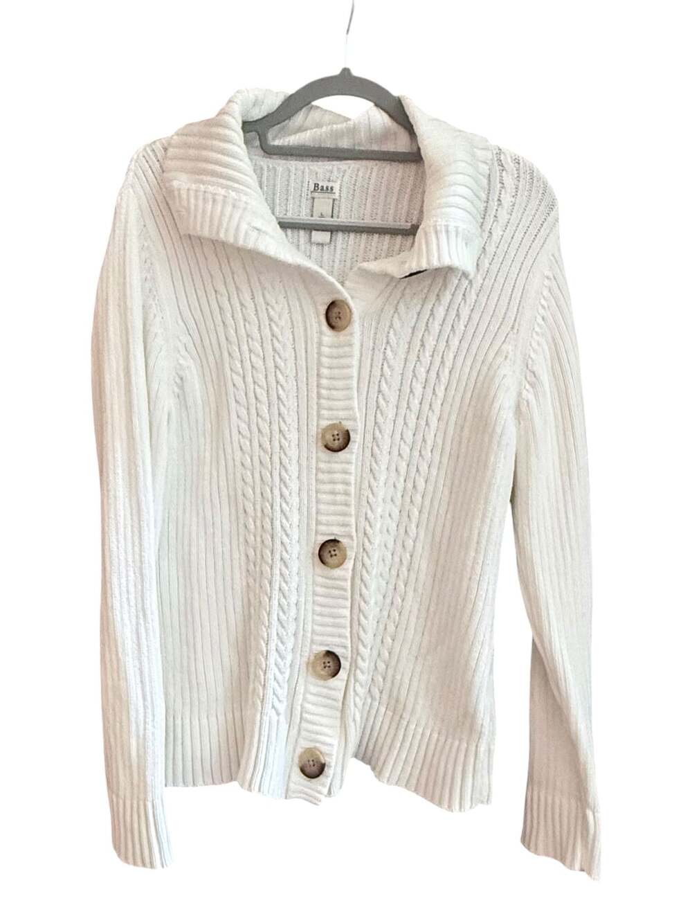 Bass White Cable Knit Button Front Cardigan Sweater